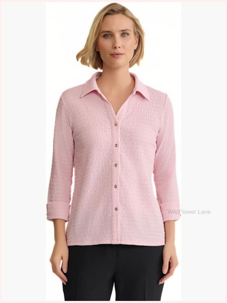3/4 Sleeve Knit Button-Down Shirt Blouse Work Business Casual